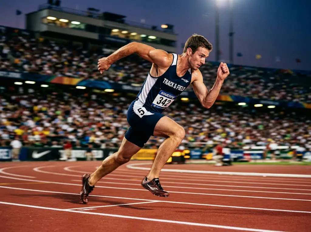 Athletic Caucasian man running in slow motion, dynamic angle, sports photography