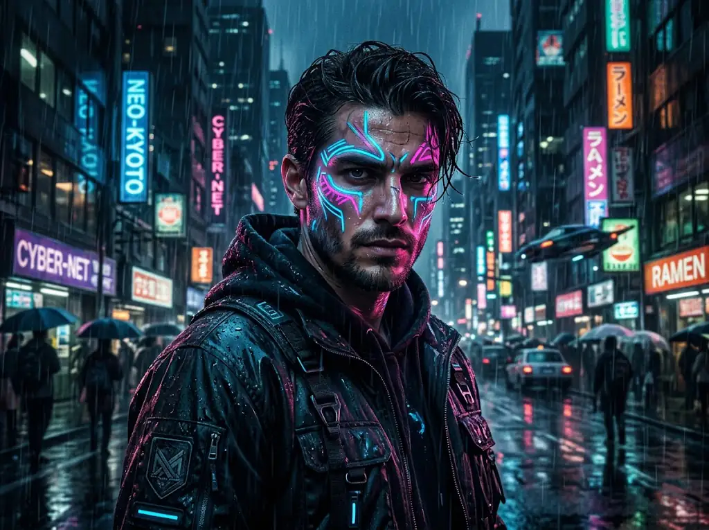 Cyberpunk portrait of a man with neon face paint, dark city background, cinematic