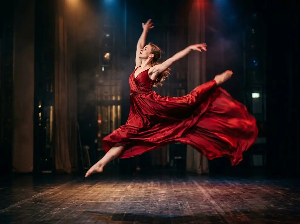 Contemporary dancer in flowing red dress, motion blur, dramatic lighting, European woman