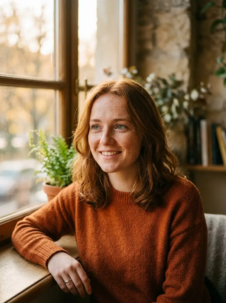 Portrait of a young European woman with freckles, natural light, golden hour, film photography