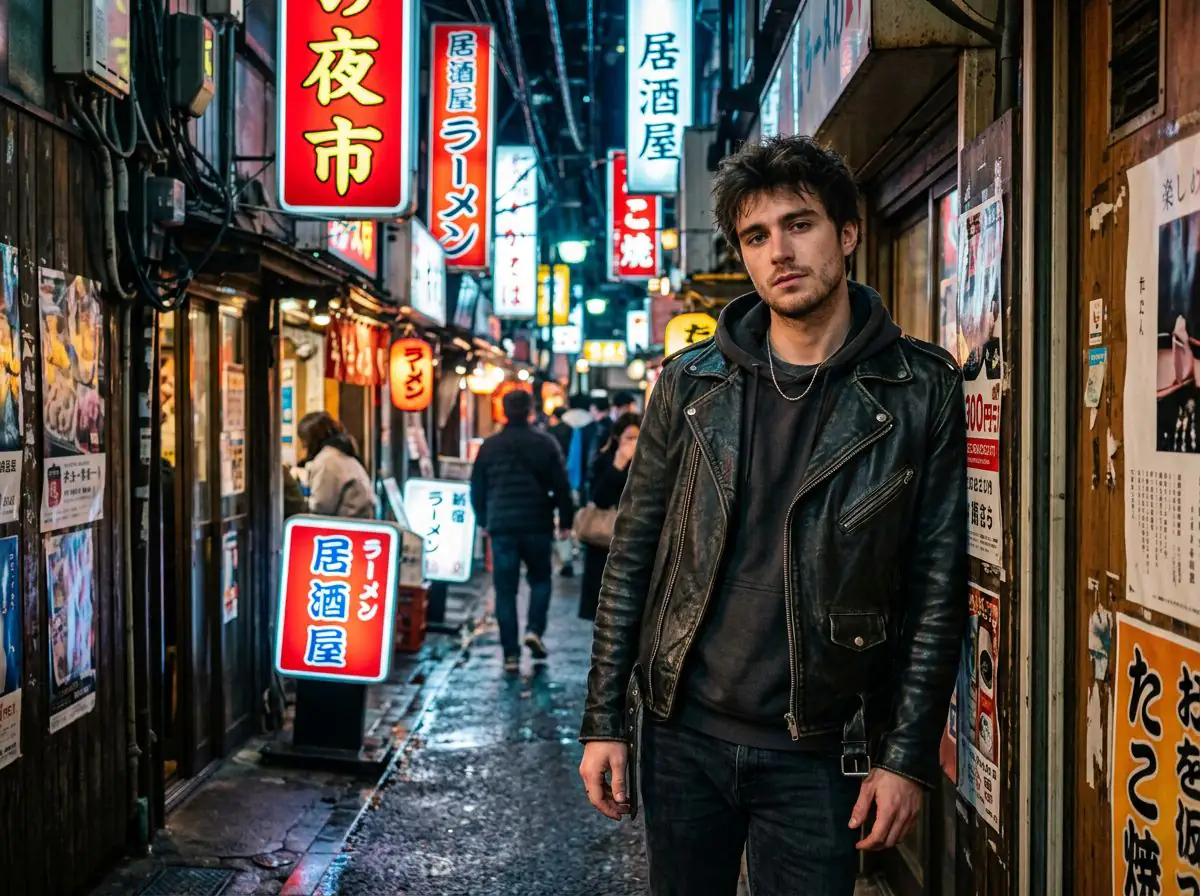 Street photography portrait of a young European man in a leather jacket, urban Tokyo at night