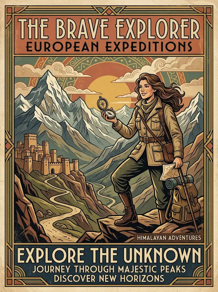 Vintage travel poster featuring a woman explorer, retro illustration style, art deco
