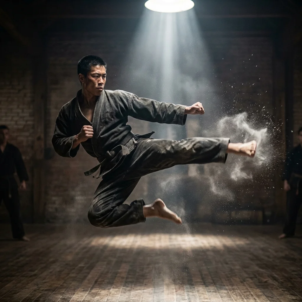 Martial artist performing slow-motion kick with dramatic lighting
