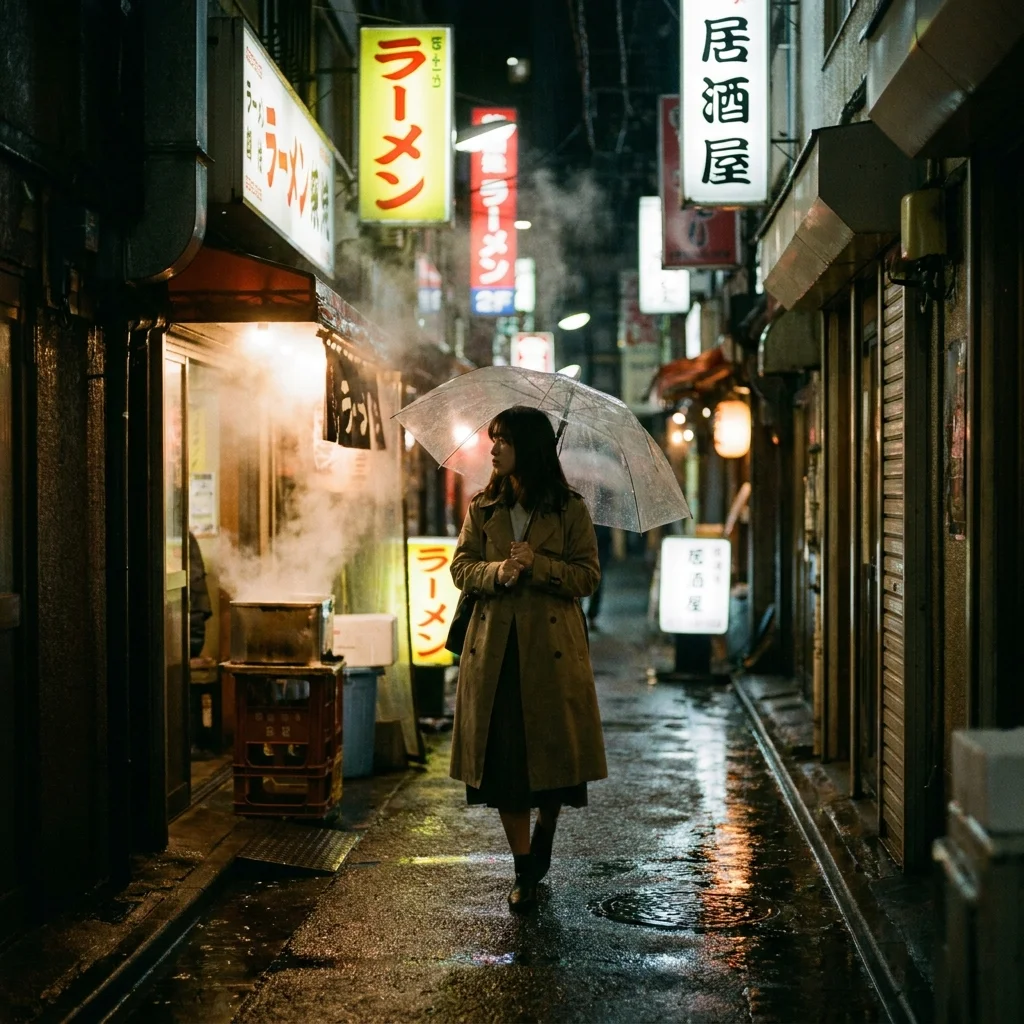 Woman walking through rain-soaked Tokyo alley at night