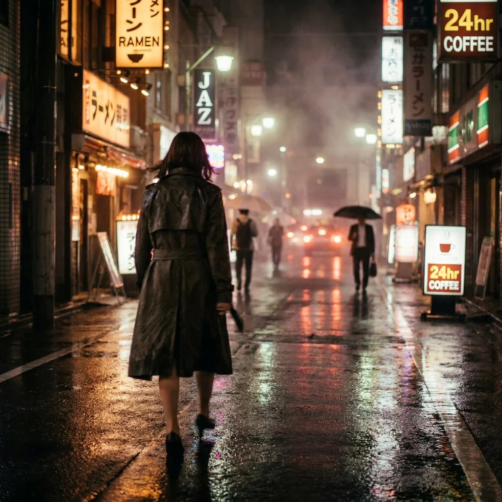 Woman walking through neon-lit city street at night