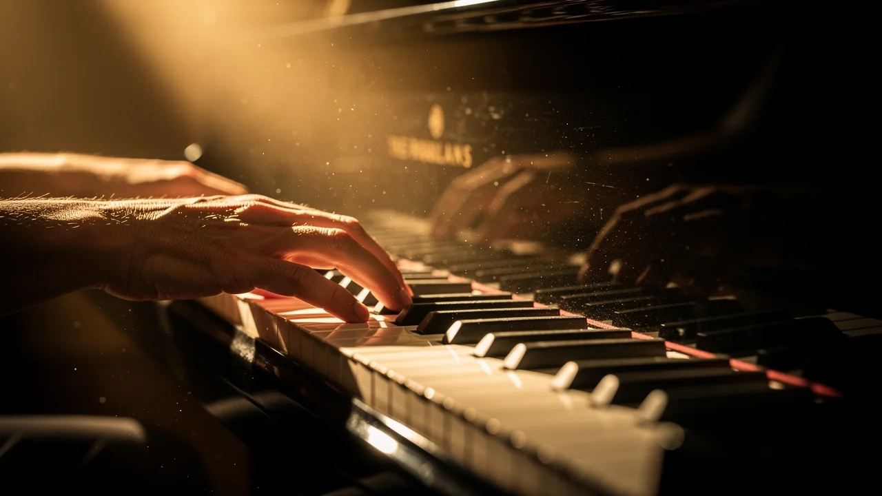 Close-up of hands playing piano with dramatic lighting