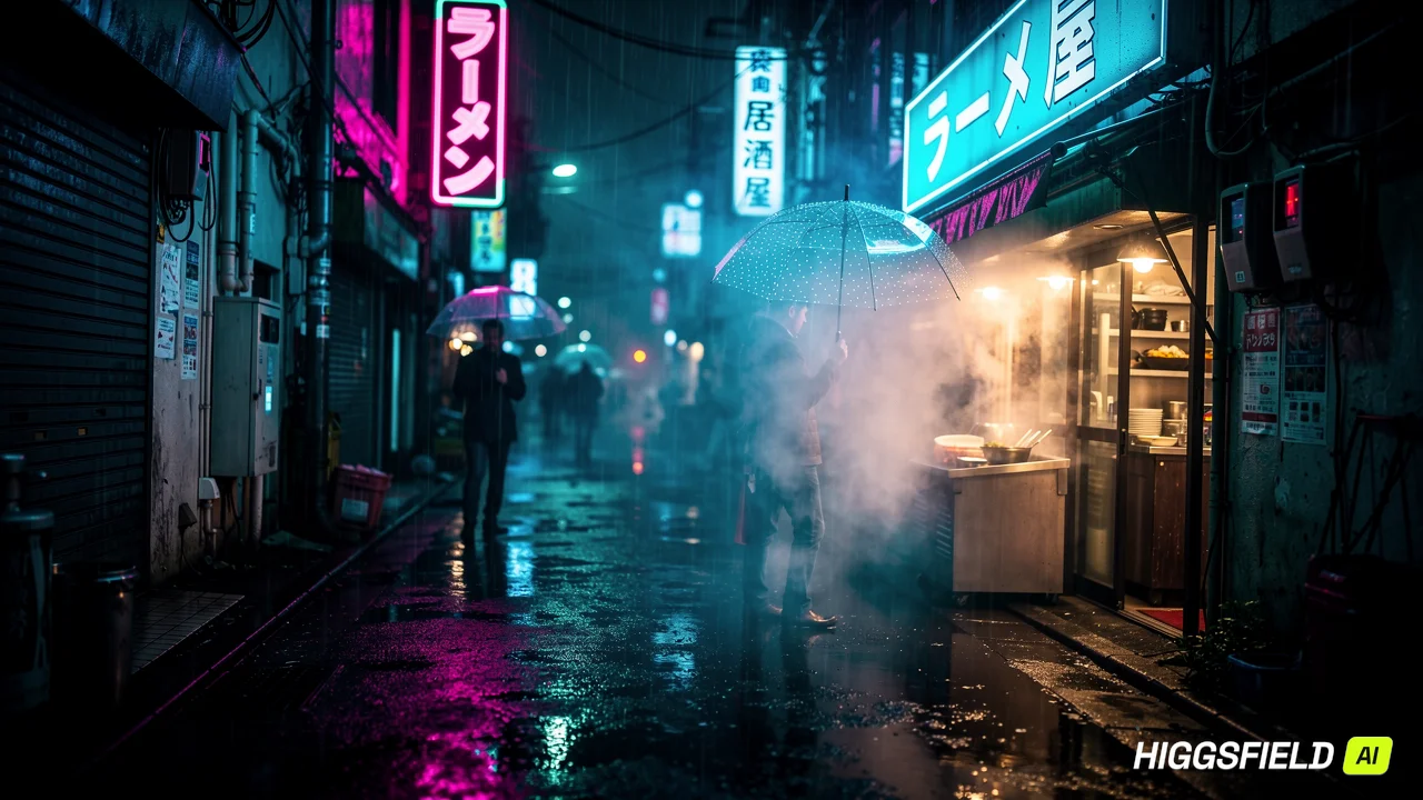 Street scene in Tokyo at night with neon lights